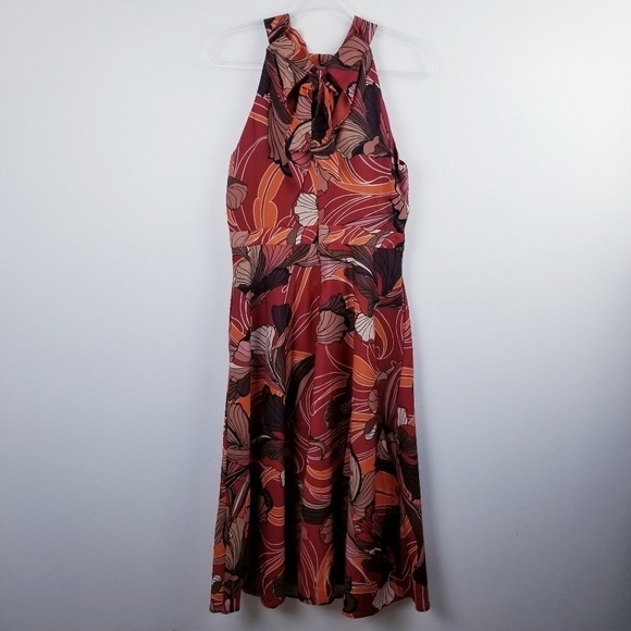 Tahari ASL High Tie Neck Sleeveless Multi Print Fit & Flare Satin Dress NWT - Picture 7 of 16